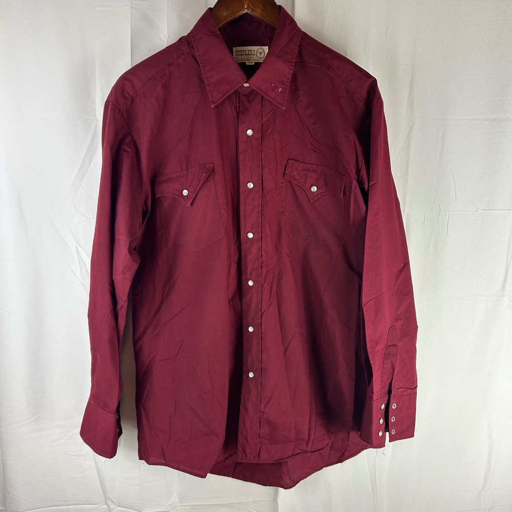 VTG Sheplers Mens Burgundy‎ Western Snap Front Long Sleeve Shirt Size 17.5 34